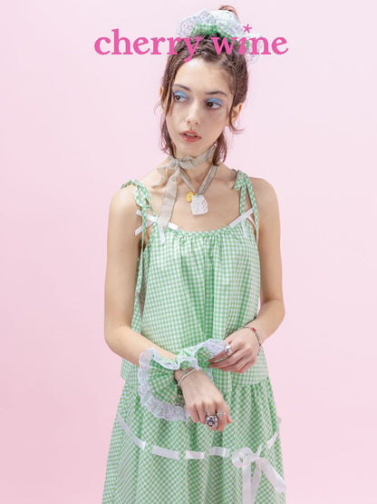 Green Plaid Bow Loose Short Suspenders