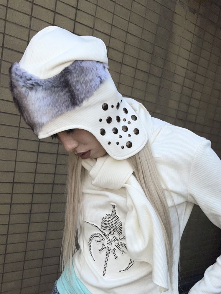 Studded Fur Patchwork Asymmetrical Airplane Hat