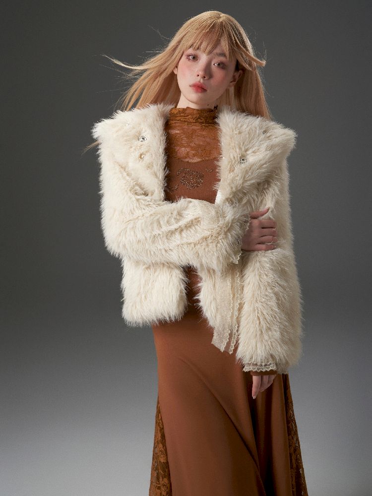 Large lapel bright silk fur winter coat