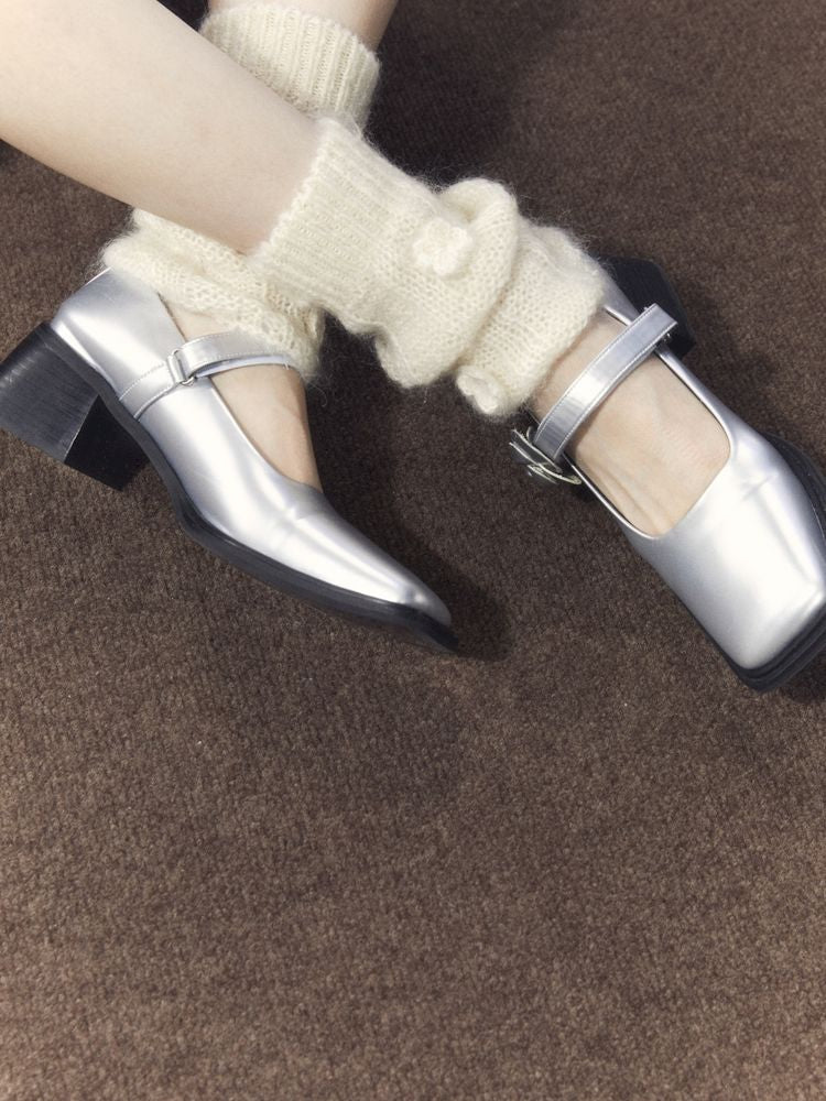 Silver Camellia Square Toe Mary Jane Leather Shoes