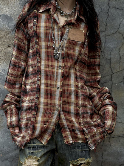 Old washed color collision plaid shirt