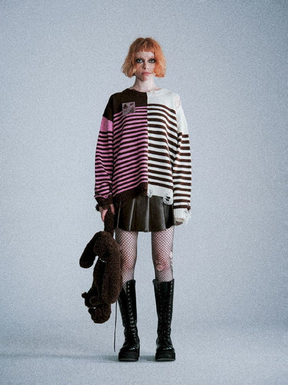 Color-Crossing Stripe Hole Breaking Knit Sweater