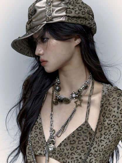 Punk Leopard Print Splicing Rivets Beret