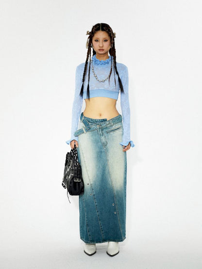 Washed denim slimming straight long half skirt