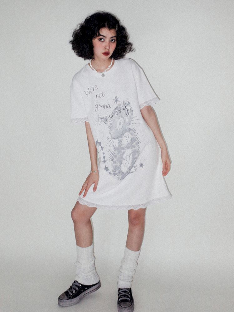 Lace Splicing Printed T-Shirt Dress