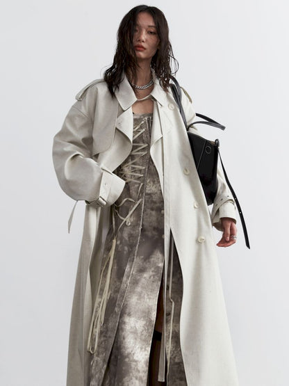 Tie Trim Genderless Long Trench Coat