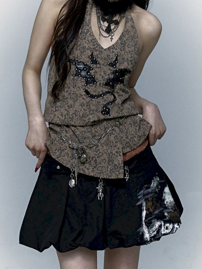 Embroidered Leopard Print Hanging Neck Vest Camisole