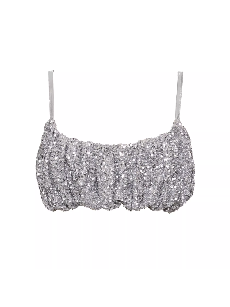 Pleated silver beaded halter ruffle design