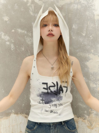 Imp Graffiti Printed Backless Hooded Neck Cami T-Shirt