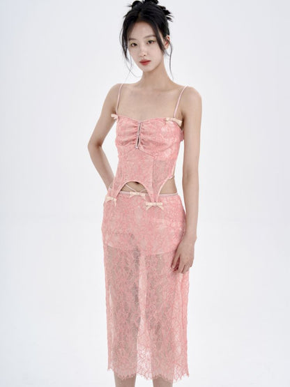 Peach Lace Camisole + Low Waist Lace Half Skirt Set