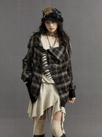 Loose plaid asymmetrical sweater jacket