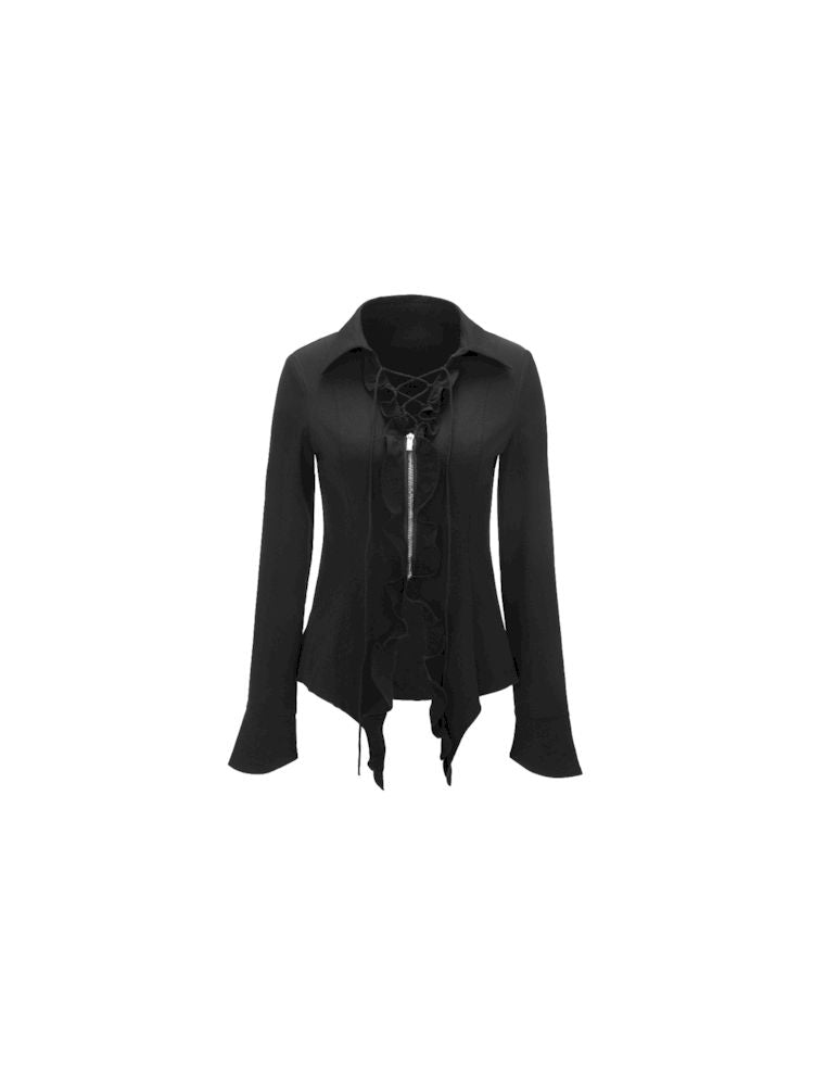 Ruffle Slim Tie Zipper Shirt