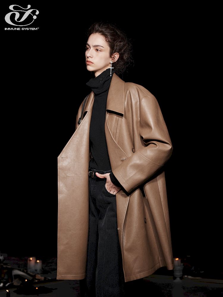 Mid-Length Silhouette Loose Leather Trench Coat