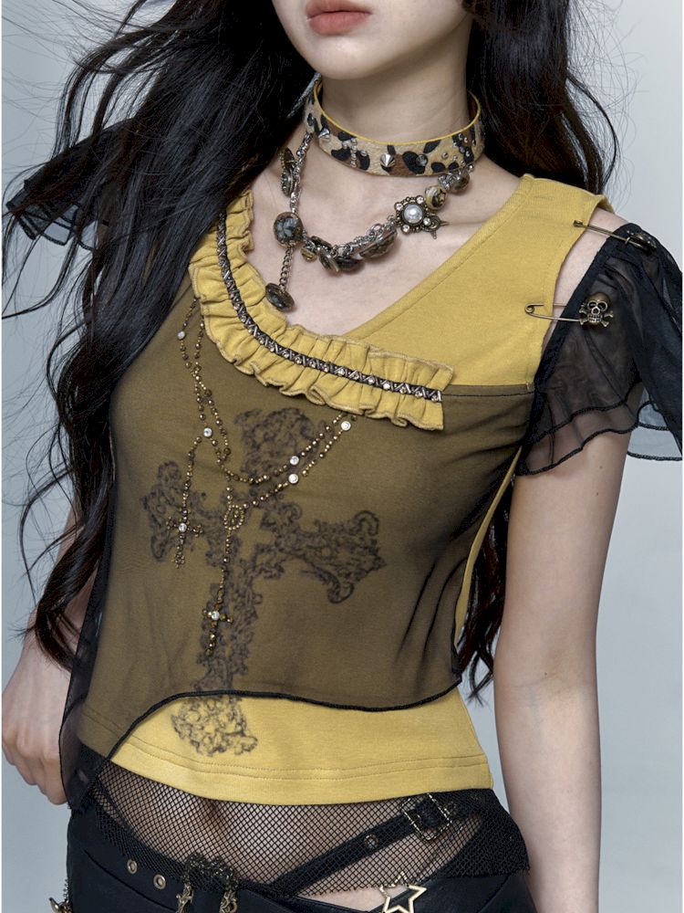 Asymmetric Spliced Mesh Rhinestone Printed Short Sleeve T-Shirt