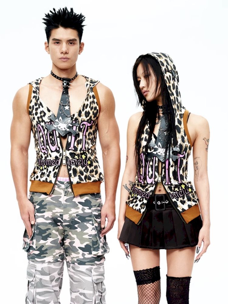 Patent leather embroidered leopard print waistcoat