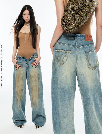 Light blue washed yellow clay-dyed wide-leg jeans