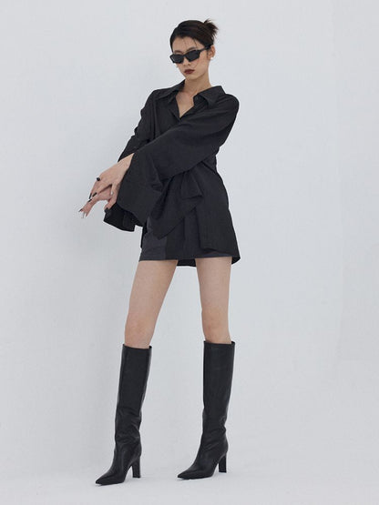 Asymmetric Hem Pleated Loose Pointed Collar Shirt