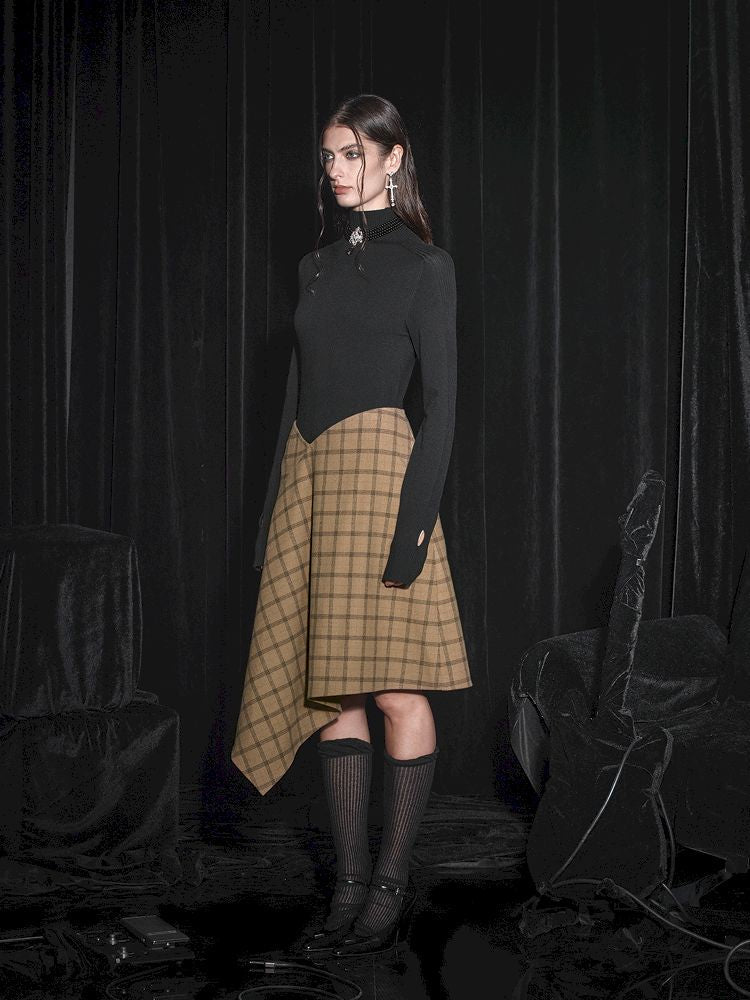 Half Tweed Draped Elegant Plaid Skirt