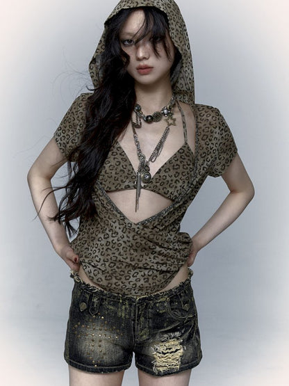 Metallic Leopard Mesh Hooded Hottie Short Sleeve T-Shirt