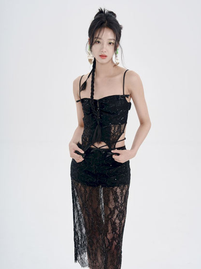 Black Lace Camisole + Low Waist Lace Half Skirt Set