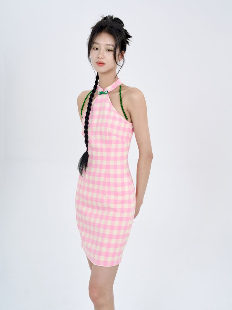 Pink Check Slim Short Dress