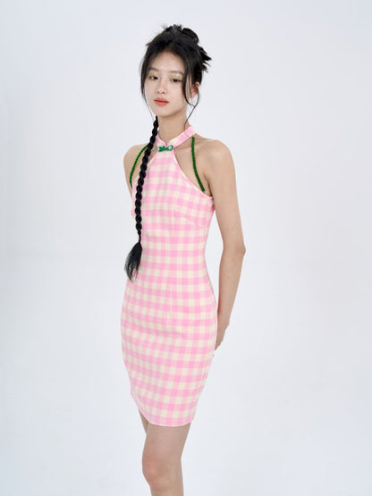 Pink Check Slim Short Dress