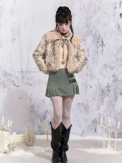 Beige Stripe Patchwork Fox Fur Coat