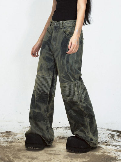 Dirty Dye Frayed Spliced Wide Leg Jeans