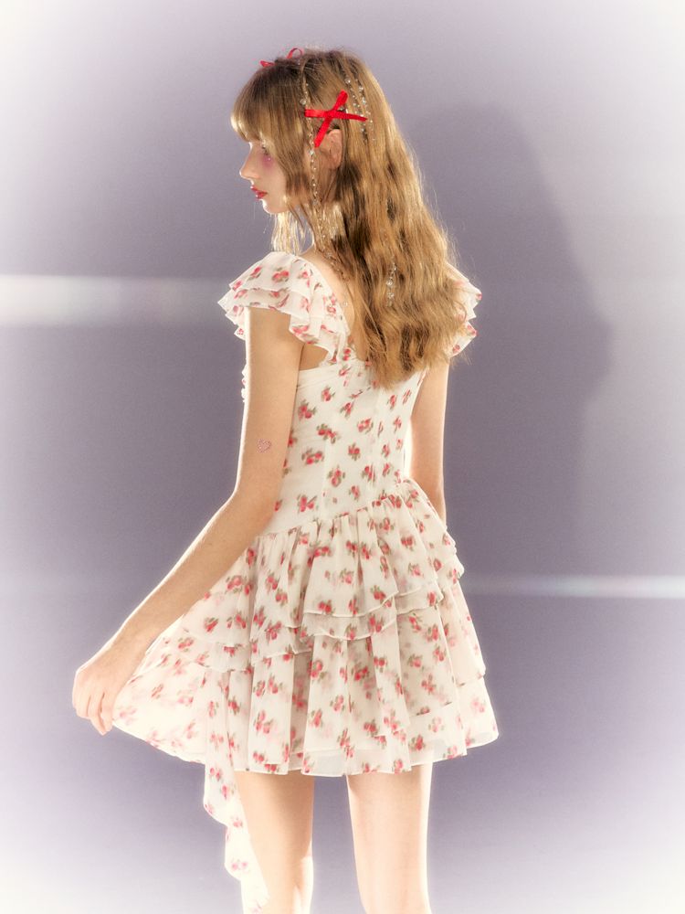 Red Floral Square Neck Dress