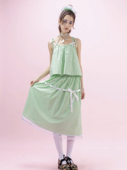 Green Lace Ribbon Loose Half Skirt