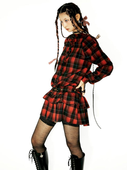 Plaid waist slimming mini cake dress