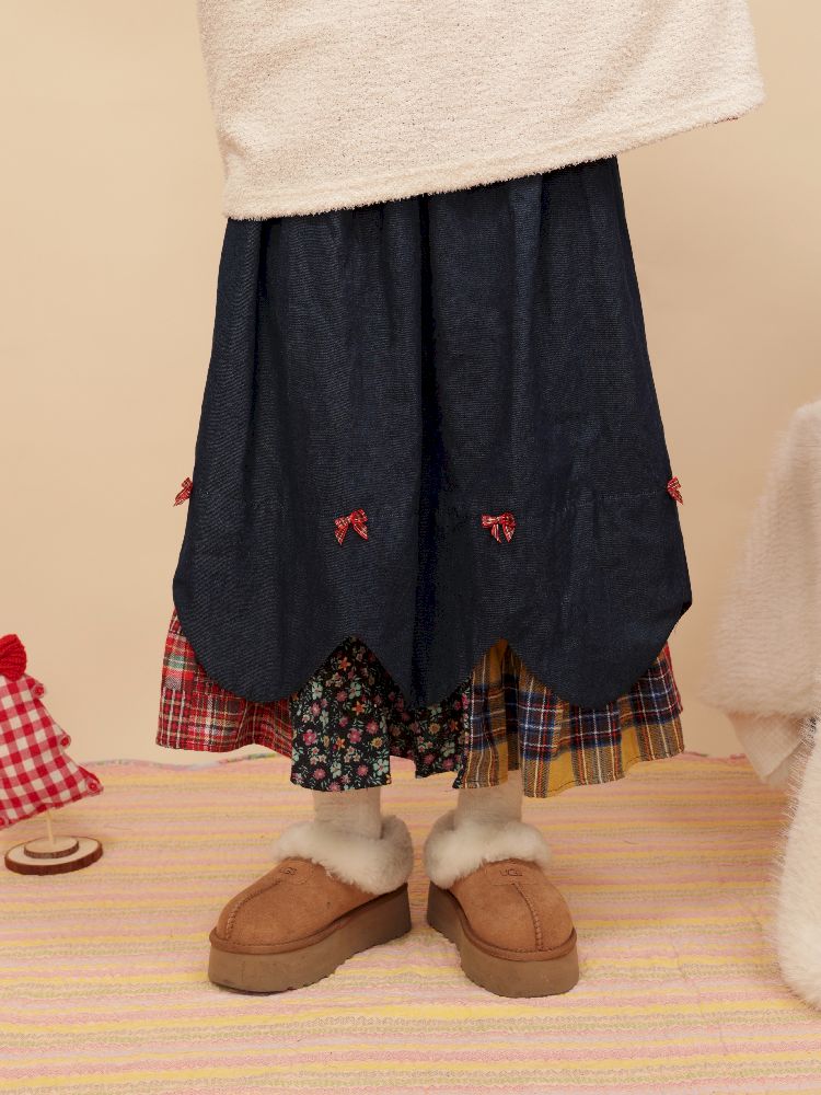 Petal Ribbon Quilted Denim Half-body Skirt