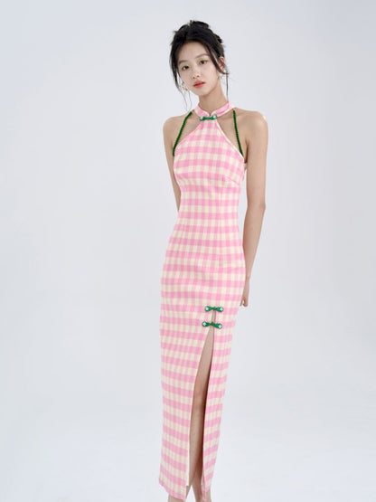 Pink Check Slim Long Cheongsam Dress