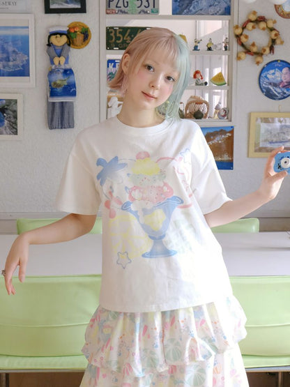 White Cartoon Printed Girls Short Sleeve T-Shirt