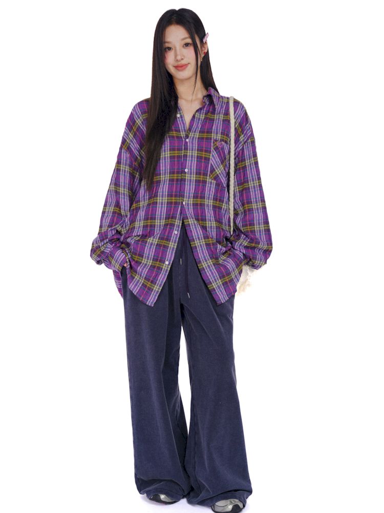 Lazy wind yellow and purple plaid shirt