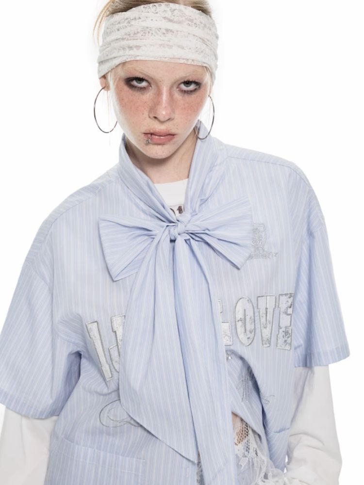 Bow Tie Ballgown Striped Short Sleeve Shirt