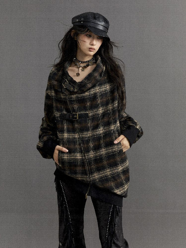 Loose plaid asymmetrical sweater jacket