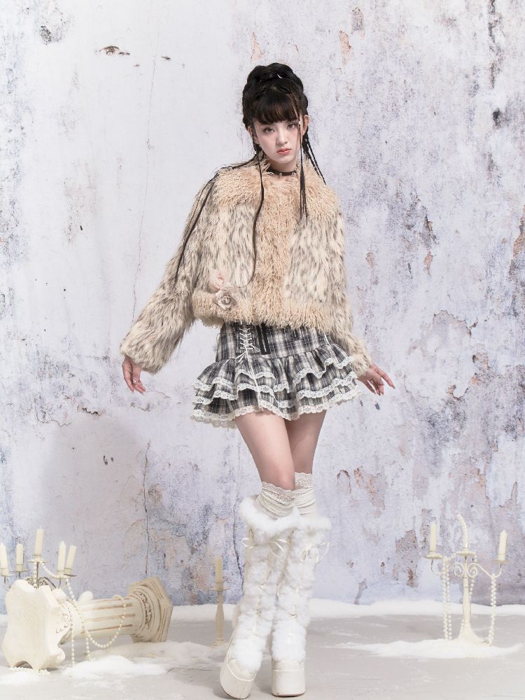 Beige Stripe Patchwork Fox Fur Coat