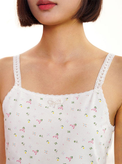 Pearl bow lace floral camisole