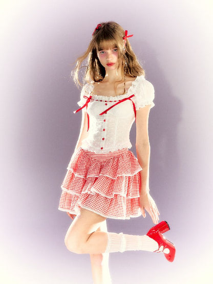 Red and white checkered bow lace set