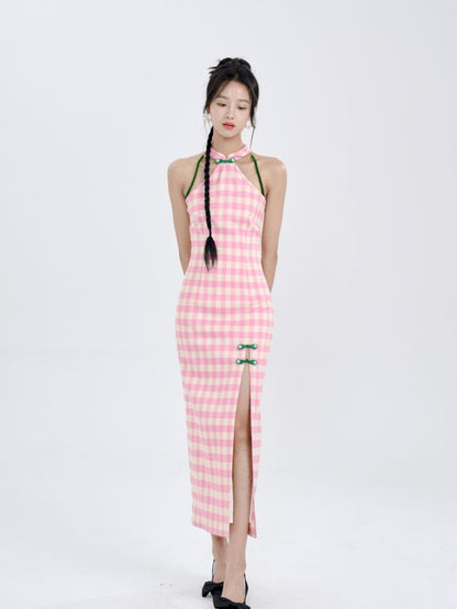 Pink Check Slim Long Cheongsam Dress