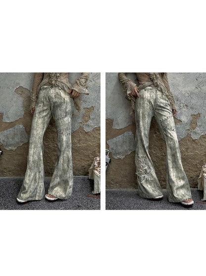 Embroidered Rose Straight Micro Flared Pants