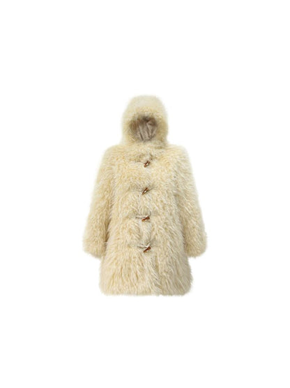 hooded mid-length loose faux fur jacket coat