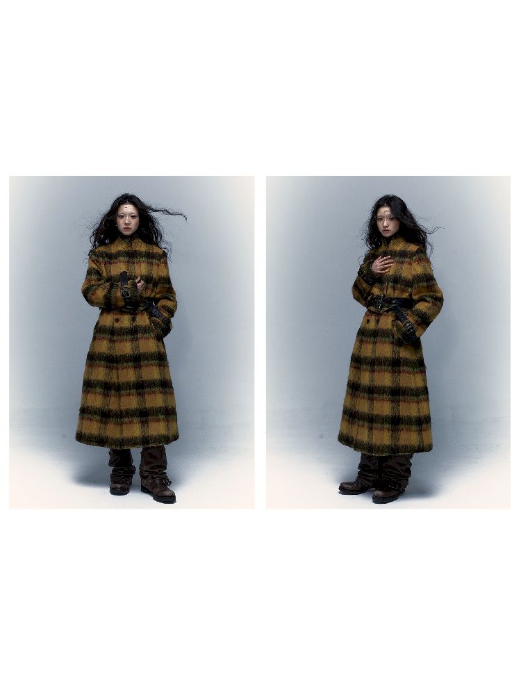 Reversible plaid patchwork leather trench coat