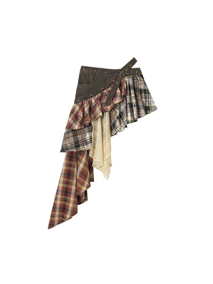 Spliced Plaid Irregular Half-body Skirt