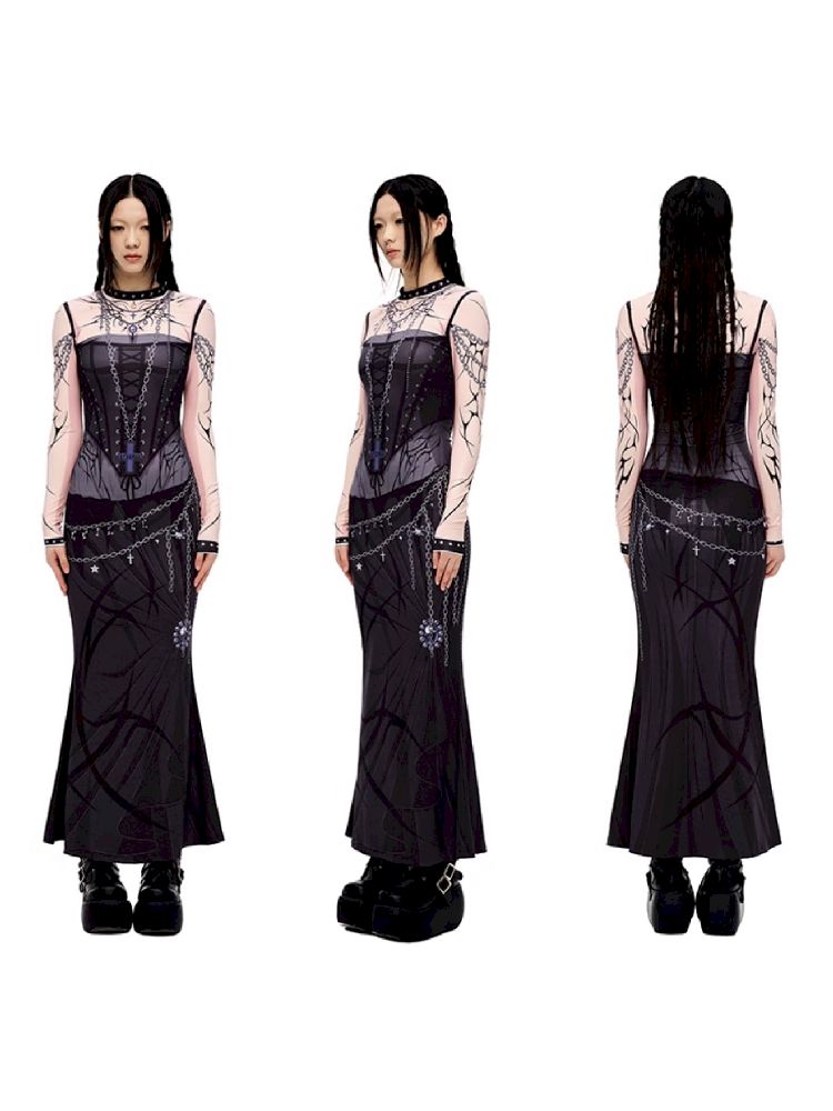 Witch Print Long Sleeve Fishtail Dress