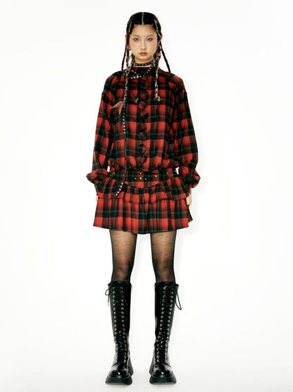 Plaid waist slimming mini cake dress