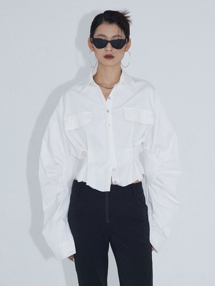 Pinch Pleated Curved Sleeve Short Shirt