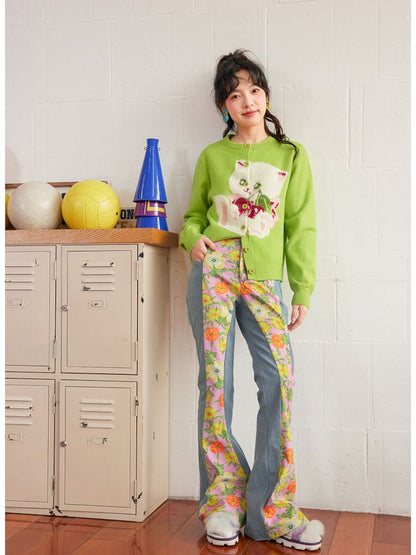 Spliced flowers stretch denim flared pants