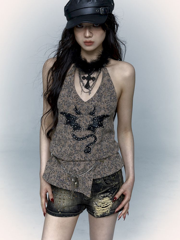 Embroidered Leopard Print Hanging Neck Vest Camisole